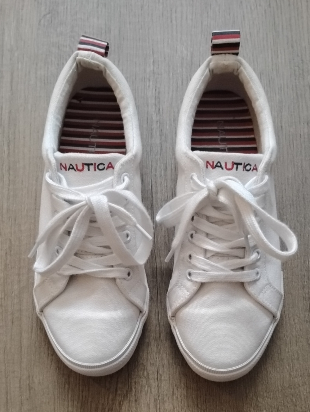 Nautica White Canvas Sneakers with Red-Striped Heel Loop